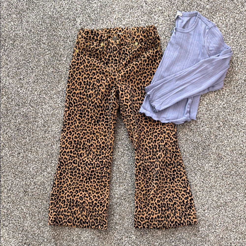 Crewcuts Leopard-Print Flared pants size 6 and purple shirt size 6/7